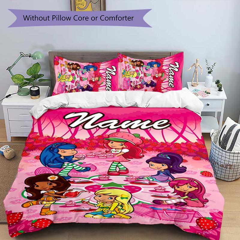 3pcs Strawberry Princess2 Cover Set - Personalized Name, HD Printed Bedding with 1 Cover and 2 Pillowcases - Perfect for Home Decor, Easy Care