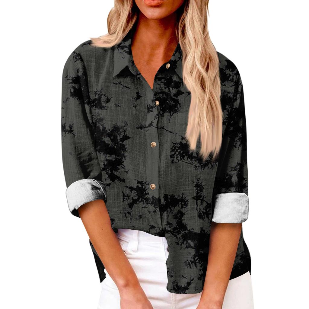 Women's Loose Floral Print Stand Collar Long Sleeve Cotton And Linen Top