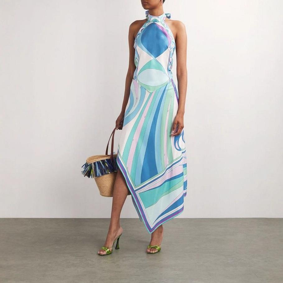 

2025 new summer sexy positioning printed satin halter top irregular skirt two-piece set S синій