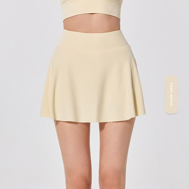 

Pleated Tennis Culottes Women s Golf Sports Short Skirt Running Quick-Drying Fake Two-Piece Casual Skirt Fashion Tape Cream apricot L