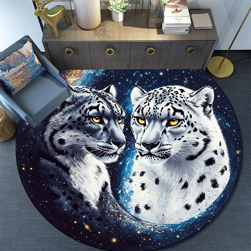 Snow Leopard Round Area Rug,Carpet Rug for Living Room Bedroom Sofa Playroom Decor,Non-slip Floor Mat