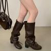 Sheepskin version~ retro round head strap pleated stacking boots women's thick heel high boots 2025 new western cowboy boots