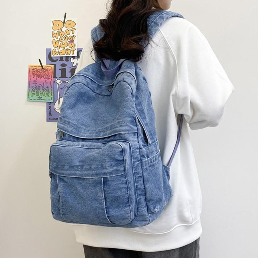 New Denim Blue Backpack Women's Leisure Travel Outing Shoulder Bag Female Fashion Schoolbags Suitable For Boys And Girls Mochila