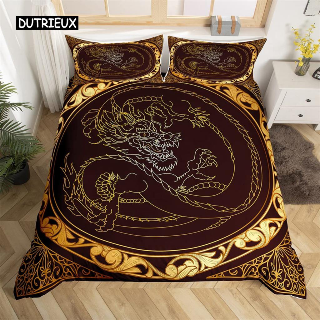 Red Flame Dragon Duvet Cover Set Chinese Dragon Culture Fairy Tale Bedding Sets Microfiber For Children Women Men Bedroom Decor