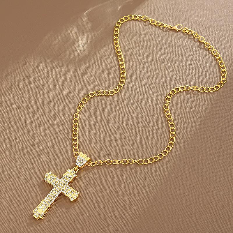 Simple Style Rhinestone Christian Cross Rhinestone Pendant Necklace Personality Fashion Street Domineering Chain Jewelry