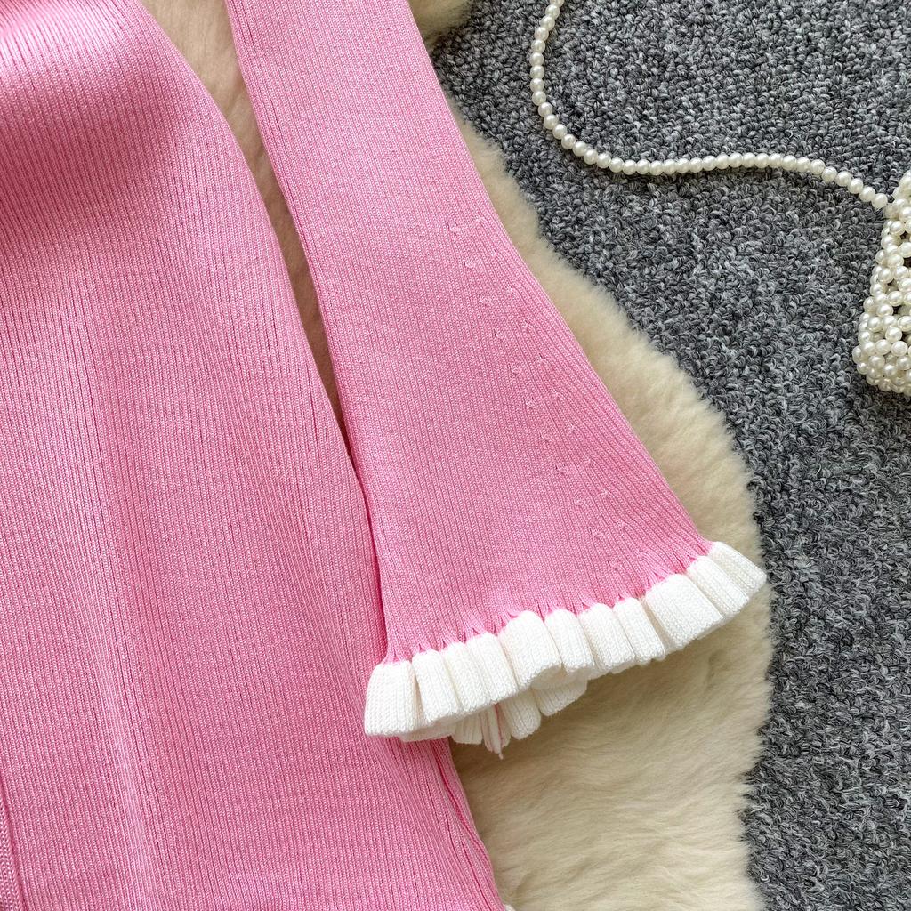 Elegant Knitted Dress for Women Autumn New Ruffle Edge V-neck Slim Long Sleeve Mid Length Ladies Evening Dresses Knitted Sweater