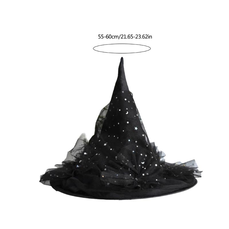 Halloween Party Tulle Sequins Witch Hats Party Wide Brimmed Pointed Hat Accessory Unique Witch Hat Conjurer Hat