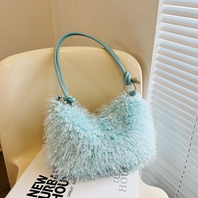 Chic Vintage Plush Handbag For Women Stylish Simple Shoulder Bag In Black White Pink