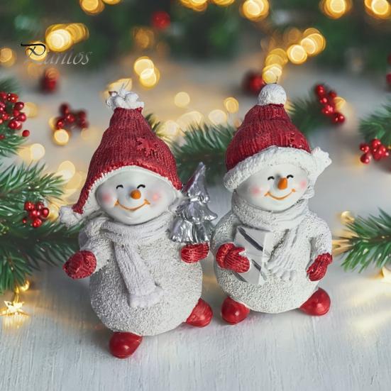 Snowman Collectibles for Christmas 2Pcs Figurine, Cute Tabletop Decor, Resin Snow Statue with Indoor Countertop Displays Knit Hat Scarf Home