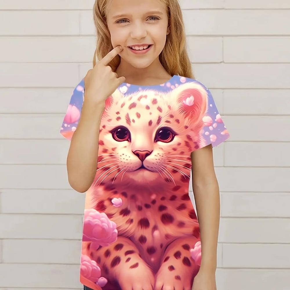 Children's clothing cute 3D cat pattern printed short sleeved top Children's clothing T-shirt casual pullover Children's boys and girls summer