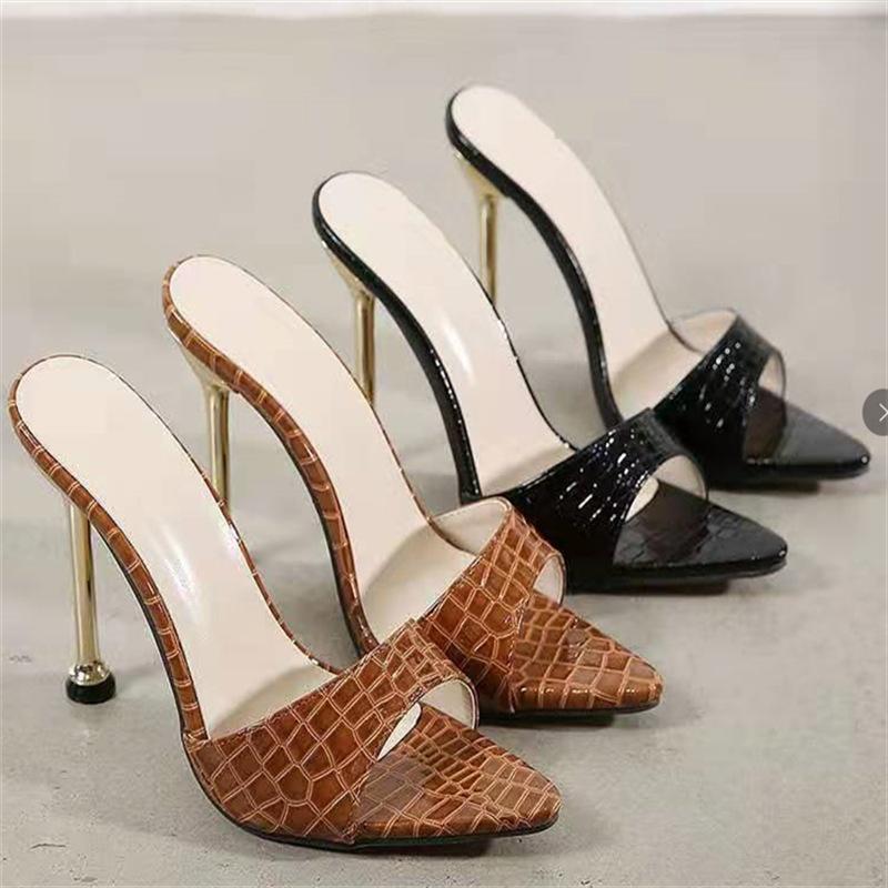 22 new European and American sexy snakeskin pattern pointed stiletto cool slippers simple solid color large size banquet shoes
