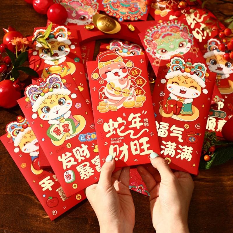 

6 Pcs Gold Foil New Year Money Packets Cartoon 2025 Snake Themed Redness Envelopes Chinese Spring Festival Hongbao