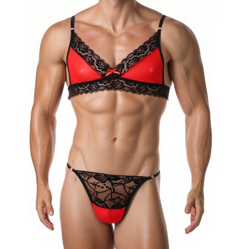 Conjunto de Lencería Sissy para Hombre con Ribete de Encaje Malla Transparente Sujetador Tanga Conjunto de Ropa Interior Outfits Exóticos para Crossdresser Gay Femboy Exótico Ropa de Dormir de 2 Piezas