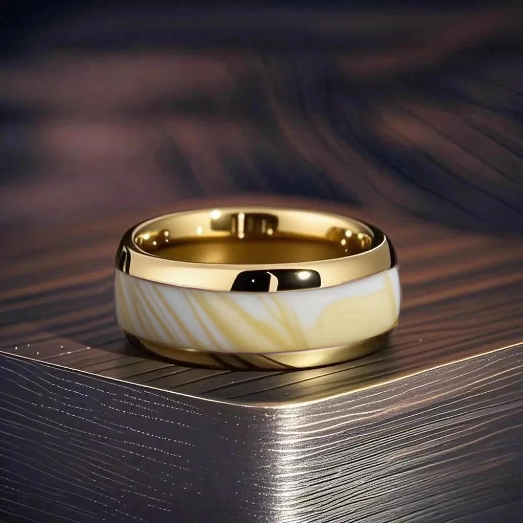 With White Abalone Shell Inlay Rings Trendy 8mm Gold Color Men Stainless Steel Ring for Men Women Wedding Jewelry Drop Shipping