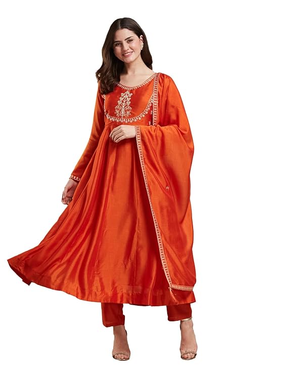 Women s Silk Embroidered Anarkali Kurta and Pant with Dupatta Set S оранжевый