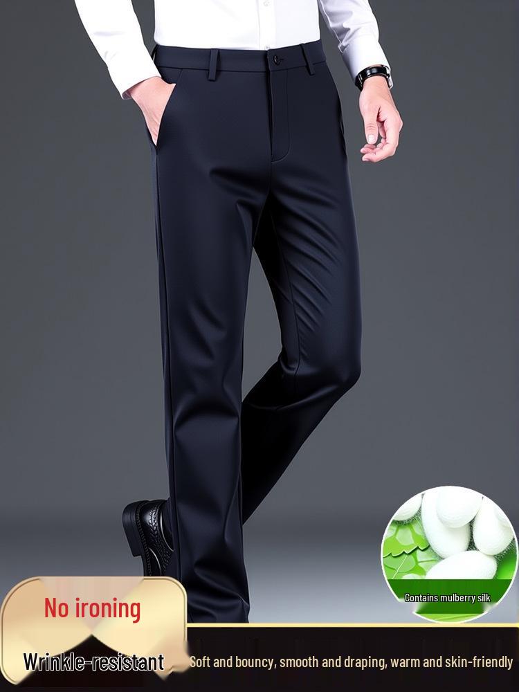 Men's High-Quality Mulberry Silk Business Casual Pants – Non-Iron, Elastic, Straight Leg for Spring/Summer