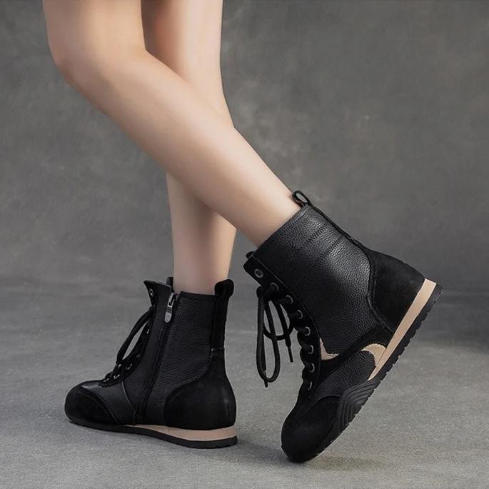 Johnature Plush Warm Retro Short Boots Genuine Leather Flat Cotton Shoes Commuter Women's Shoes