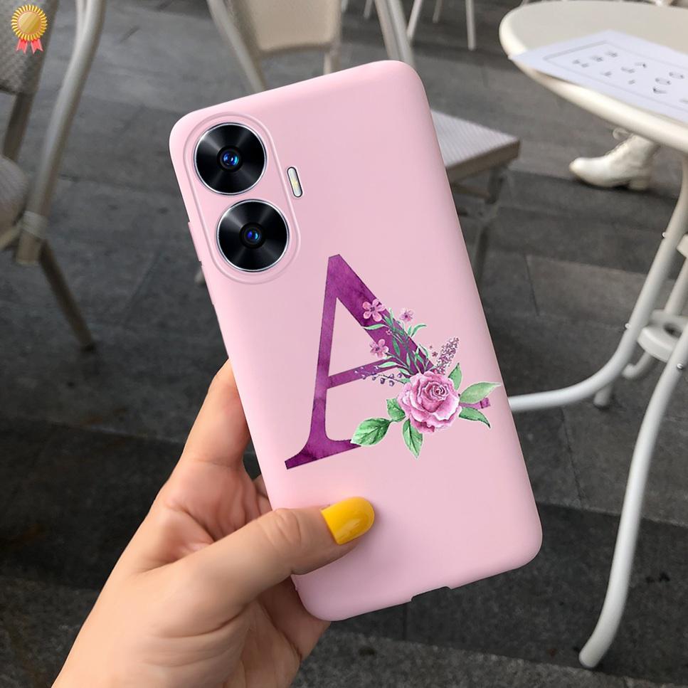 For Realme C55 C 55 6.72'' Case Delicate Cute Letters 3D Crown Flowers Matte Shockproof Soft TPU Silicone Phone Case Back Cover