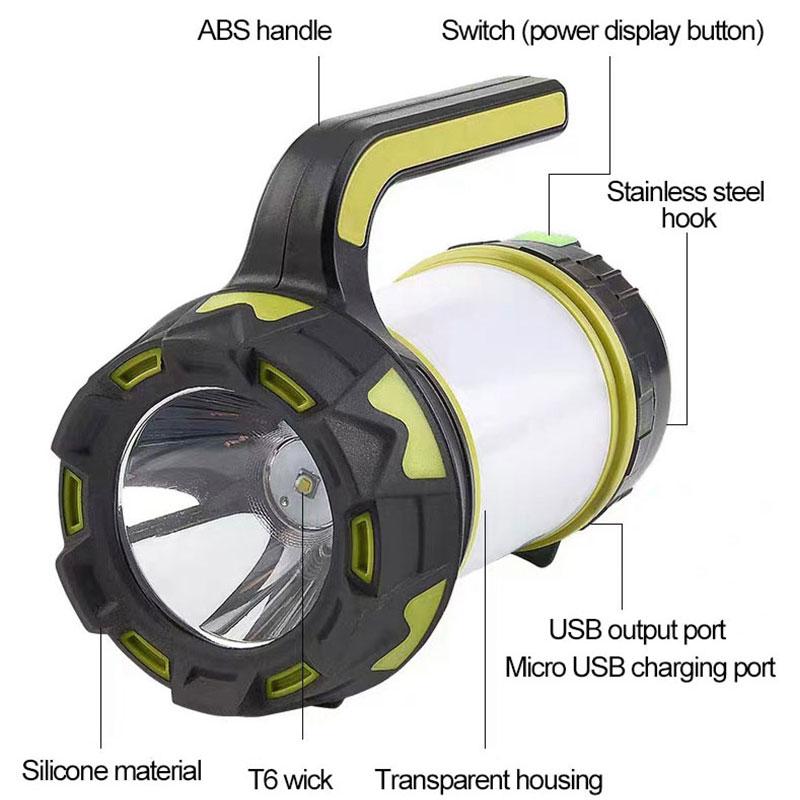 Portable Camping Lantern Lamp T6 Beads Flashlight USB Rechargeable Waterproof Emergency Outdoor Searchlight with COB Sidelight