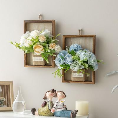 Artificial Hydrangea Wall Hanging Decoration Fake Silk Flower Plants Wooden Fame Decor Home Office Living Room Bedroom Wall Art Ornament