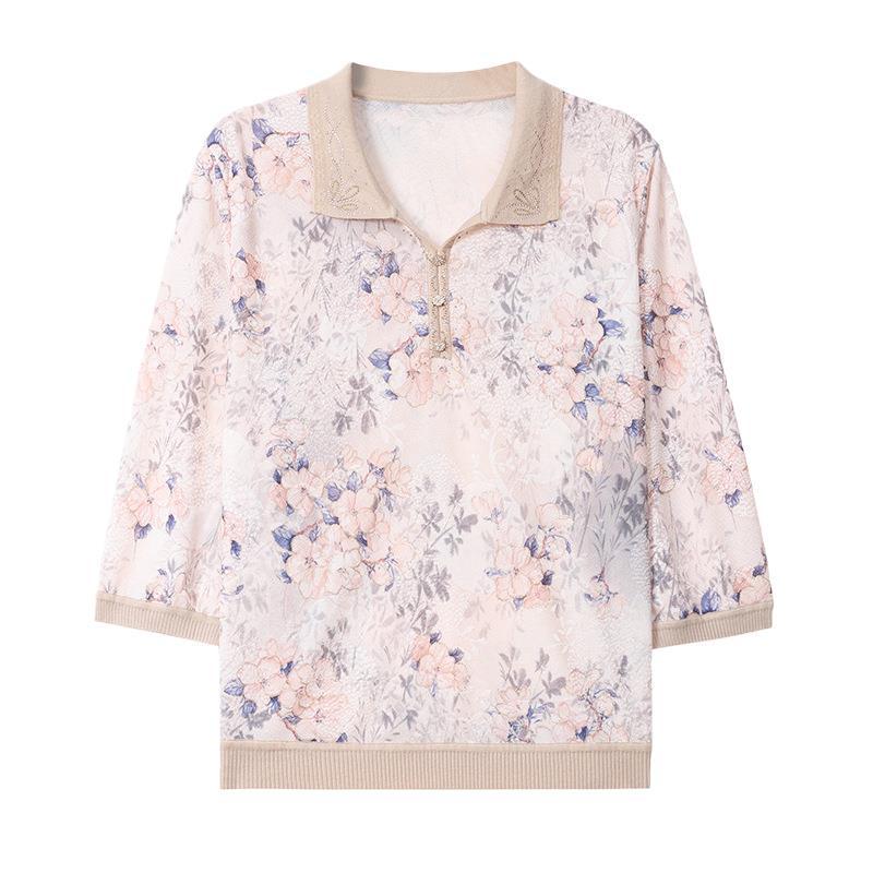 Lapel Top for Moms: 2026 Ice Silk Printed Blouse with Seven Sleeves - Stylish Summer Wear for Middle-Aged and Older Women