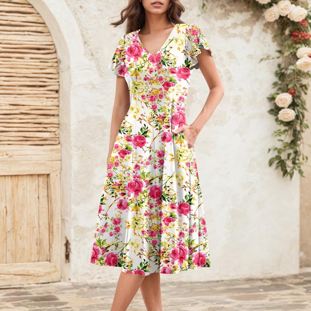 Rochie Midi Elegantă Retro de Vară pentru Femei cu Mâneci Volan V-Gât