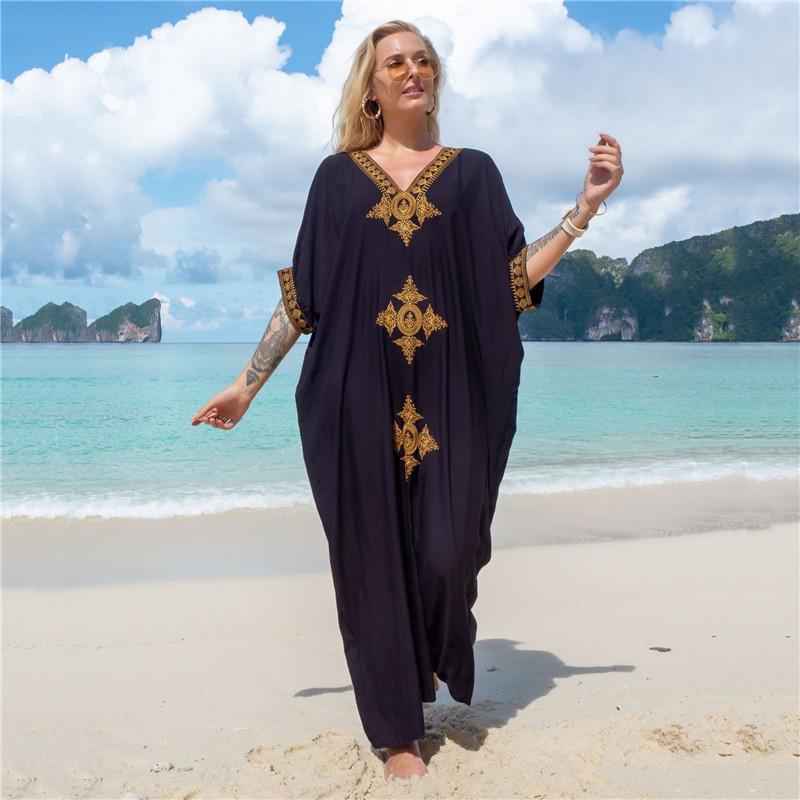 European & American Cotton Gold Thread Embroidered Beach Cover-up Dress