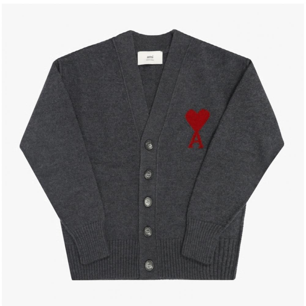 Ami Big Heart Logo Intarsia V Neck Cardigan Model  Ukc367 018 084