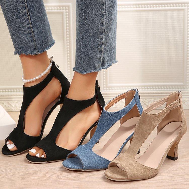 Simple and fashionable rear zipper bag heel fish mouth sandals women's summer side empty stiletto sandals