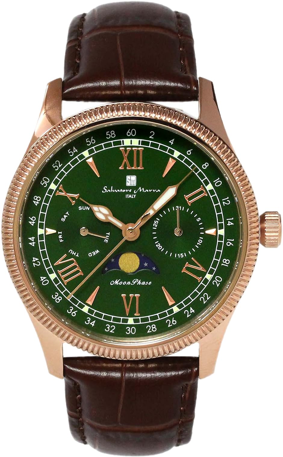 

Часы Moon Phase Multi Calendar 5 ATM Water Resistant Business Formal Leather Belt Limited Model Pink Gold Green [Salvatore Mara] Men s SM24110-PGGR зелёный