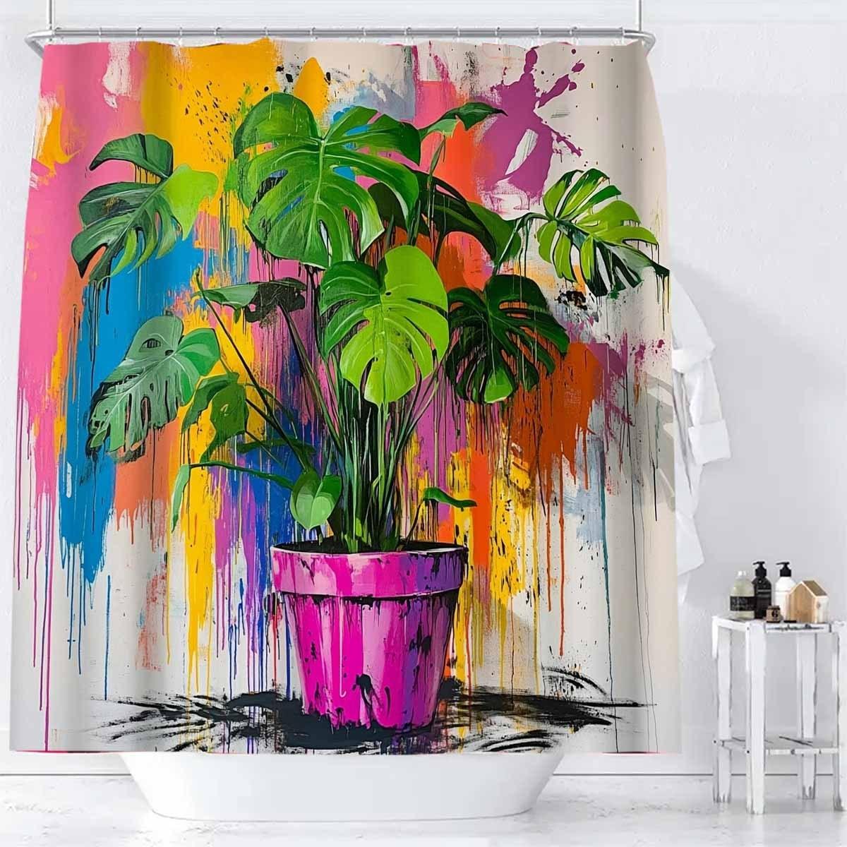 

1Pc Vibrant Potted Plant Shower Curtain With 12 Plastic Hooks, Polyester Fabric, Machine Washable, Colorful Bathroom Decor, W60H190(CM)-1 Pcs