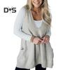 Women Sweater V-neck Sleeveless Solid Color Knitting Vest with Pockets Ribbed Trim Loose Fit Mid-length Casual Knitwear