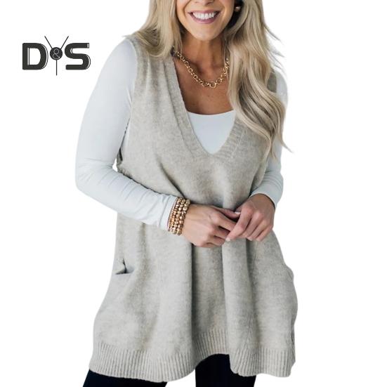 Women Sweater V-neck Sleeveless Solid Color Knitting Vest with Pockets Ribbed Trim Loose Fit Mid-length Casual Knitwear