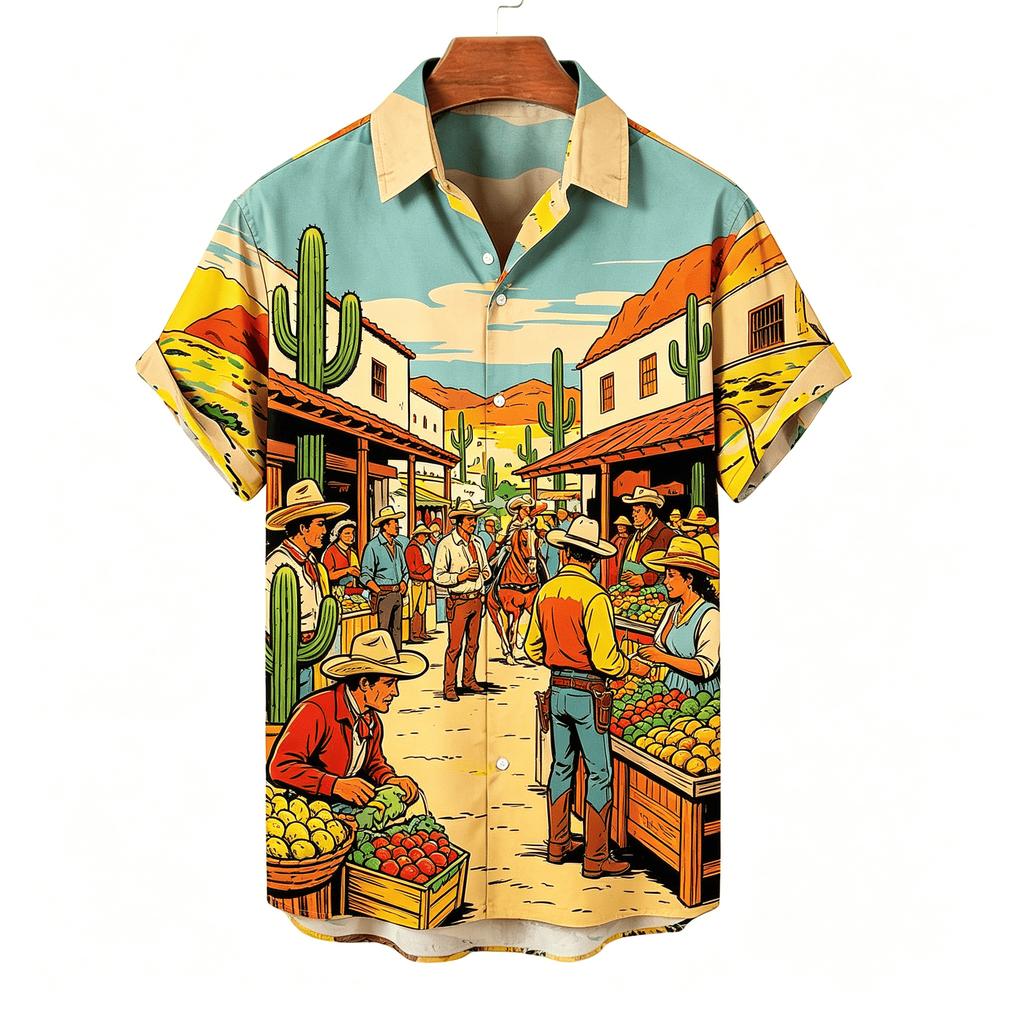 Men's Western Cowboy Rodeo Print Short Sleeve Shirt, Retro Comic Style, Casual Summer Vacation