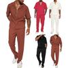 2 Pezzi/Set Outfit da Uomo Revers Manica Corta Monopetto Camicia Vita Elastica Pantaloni Lunghi Set Colore Unico Vestibilità Larga Outfit Casual