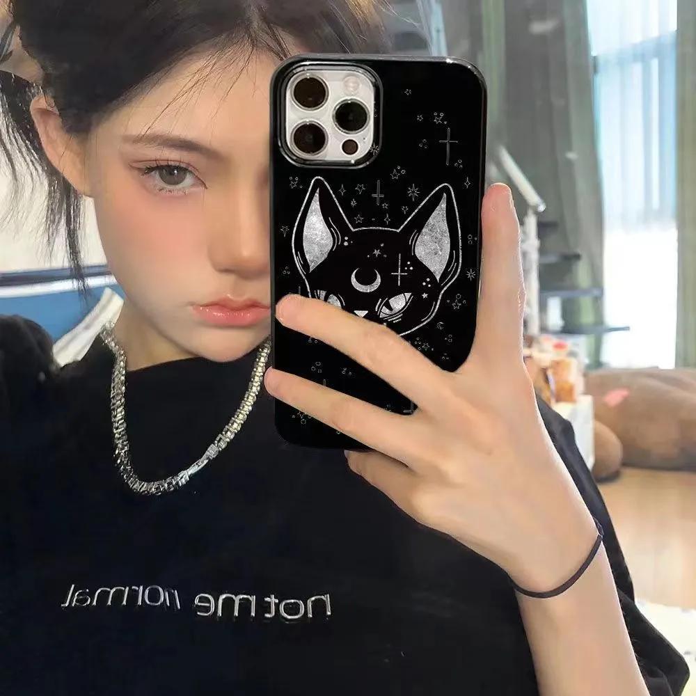 Trendy Cool Dark Luna Cat Phone Case For iPhone 17 16 15 14 13 12 11 Pro Max XR XS MAX 7 8 PLUS MINI Air INS Soft Cover Case