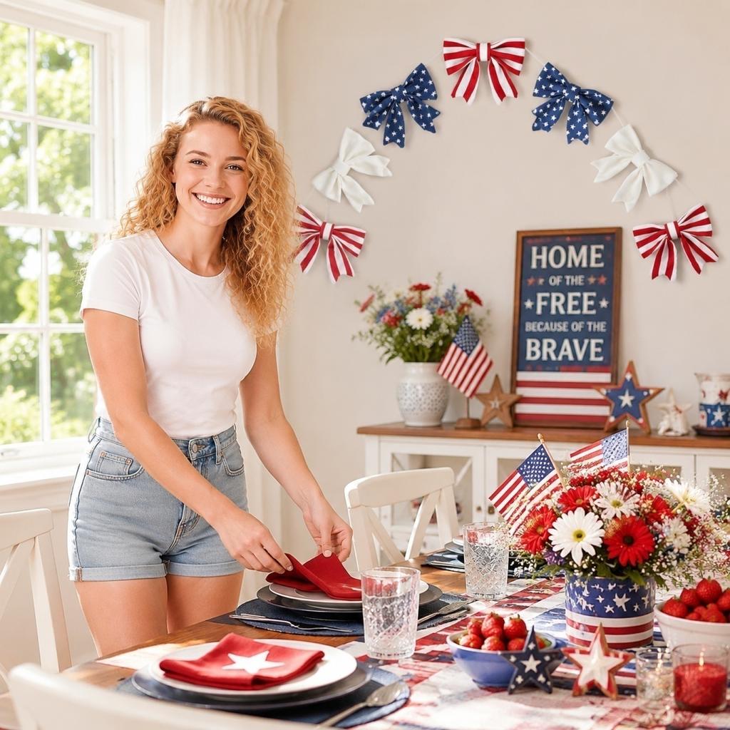 Patriotic Bow Garland Banner for Holiday Ceremony Home Decoration Arch Shaped Hanging Ribbon Bows for Indoor Outdoor Use