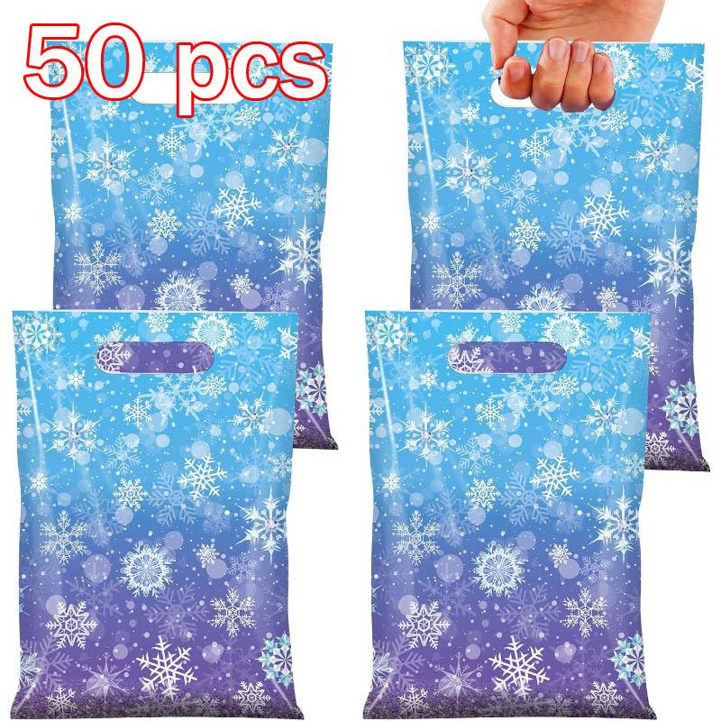 20/50 шт. Зимние снежинки Party Favor Bags Пакеты для угощений со снежинками и ручками Праздничный пластиковый подарочный пакет для дня рождения, Рождества 16.5x25cm