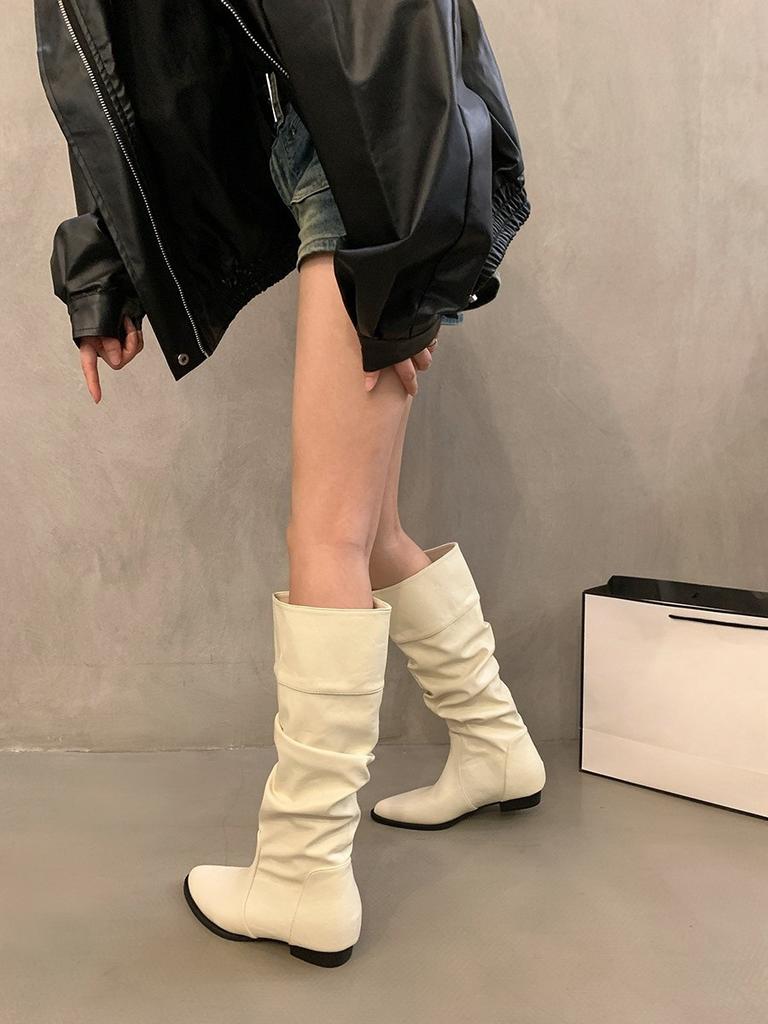 Beige Coarse Heel Pointed Pile Boots Boots Women's Shoes Winter Medium Tube Skinny Knight Boots