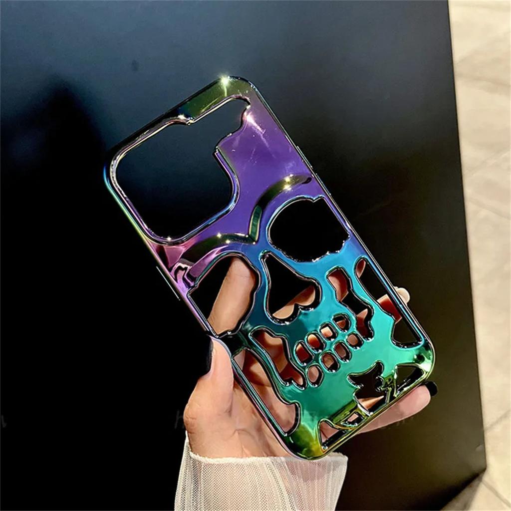 Cool Laser Hollow Skull Out Back Cover For iPhone 11 12 13 14 15 16 Pro Max Case Shockproof Heat Dissipation Capa Funda