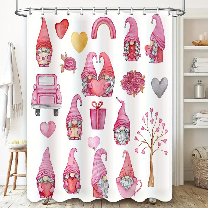 Watercolor Gnomes Shower Curtain With Valentine'S Day Decor Pink Gnome Family Love Heart Design For Bathroom Decoration