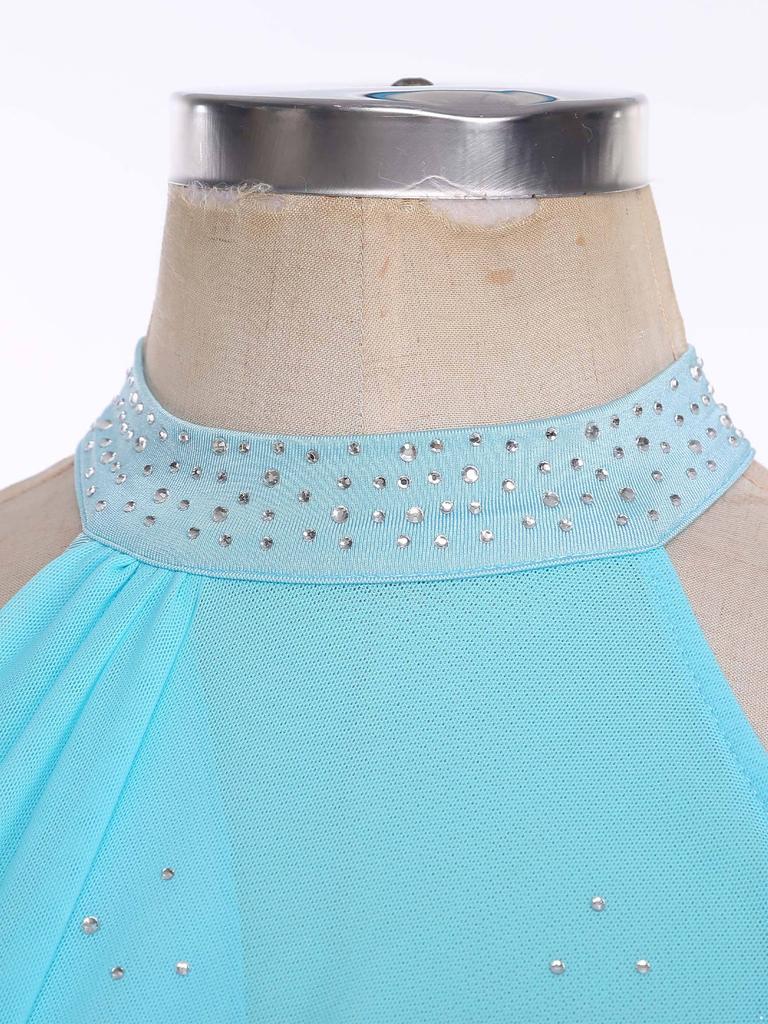 Womens Applique Lyrical Dance Dresses Halter Strappy Back Asymmetrical Hem Shiny Rhinestones Leotard Dress