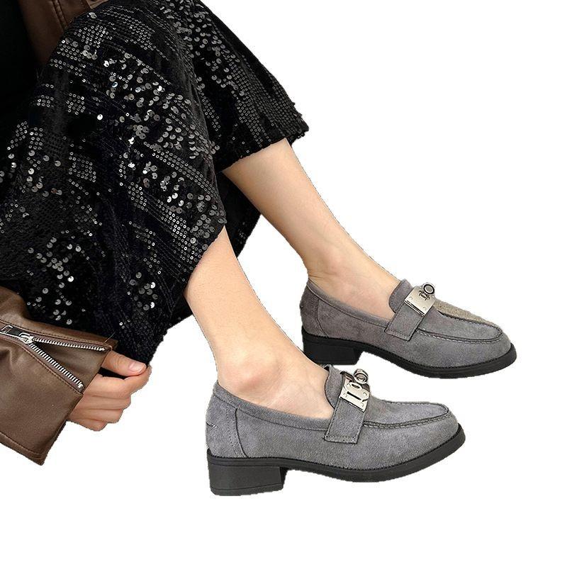 Large size one-pedal lock loafers women's 2025 British style round head suede small leather shoes high heels light and comfortable