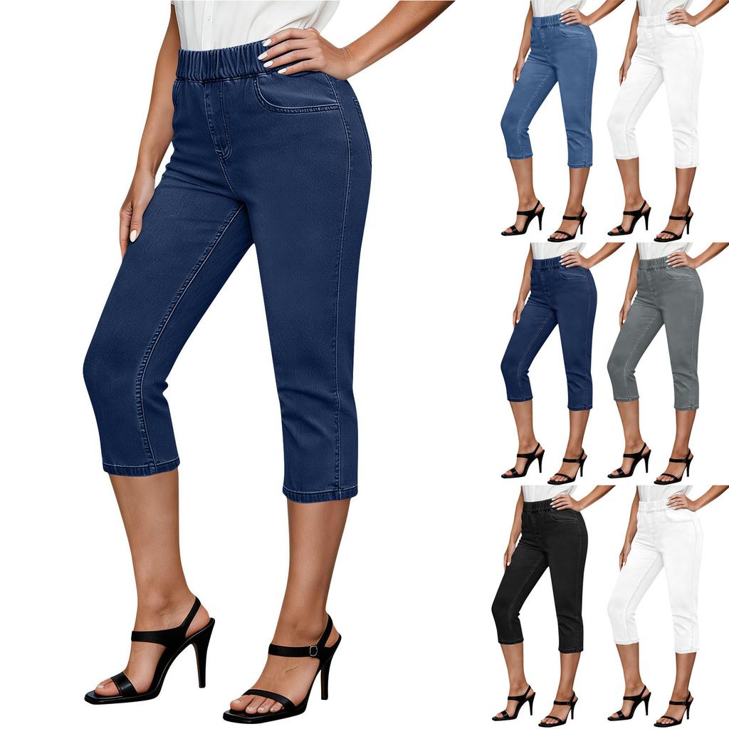 Women’s Stretch Denim Capri Pants Elastic Waistband Pull On Style with Functional Pockets for Everyday Wear