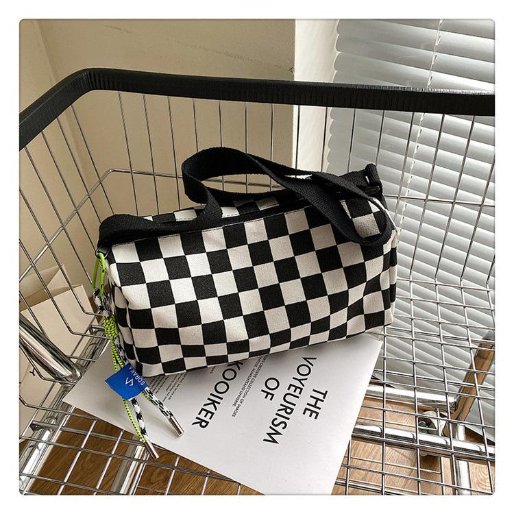 Market-6 Casual Geruite Canvas Cilinder Schoudertas, Veelzijdige Crossbody Portemonnee met Trekkoord Detail Verstelbare Band, Sport Reizen zwart