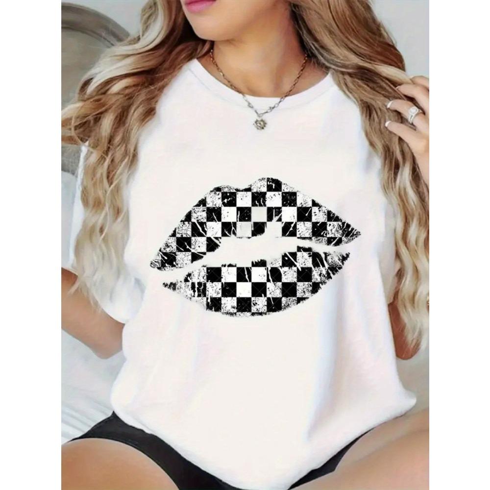 

Women s Casual Loose Short-Sleeve T-Shirt - Geometric Lip Print Plaid Rhombus Pattern XXS