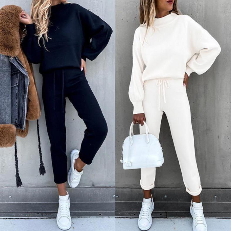 2022 Women's High Neck Sweatshirt & Solid Color Pants Set - Autumn/Winter Collection FD89940125