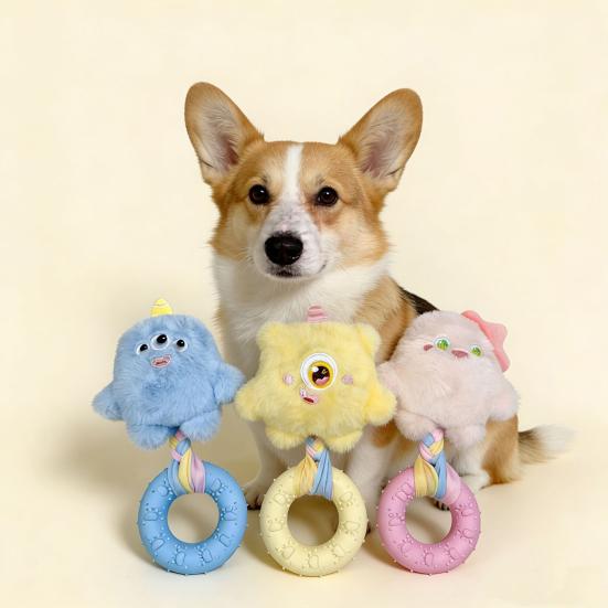 Quietschender Hund??Kauspielzeug Plüschhundespielzeug mit Gummiring Interaktives Zahnpflegespielzeug für Hunde Tauziehen Apportierspiel