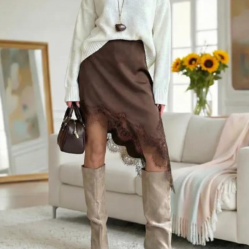 Women Satin Lace Trim Mini Skirts 2026 Summer Elastic Waist Asymmetric Hem Short Skirts Lace Half Slip Skirts Streetwear