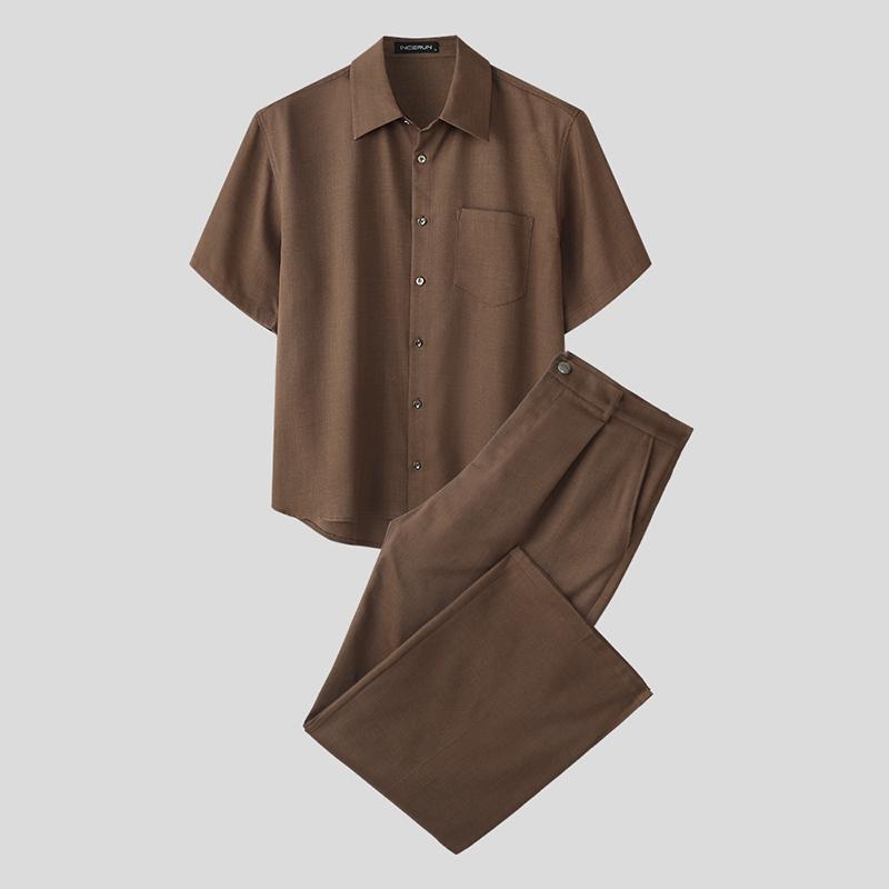 

INCERUN Two Pieces Outfits Men Lapel Neck Short Sleeve Shirt Long Straight Pants Sets S коричневый